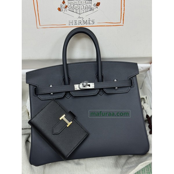 Birkin25cm 2Z/午夜蓝 夜空蓝 Blue nuit ブルーニュイ フランス輸入素材 スイフト swift 平纹シルバー金具