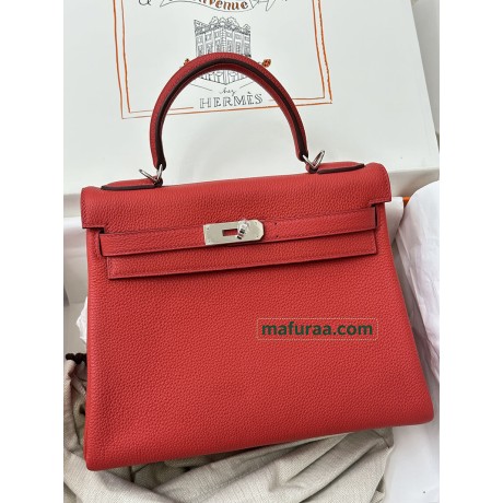 Kelly28cm Q5/国旗红Rouse Casaque  ルージュカザック フランス輸入素材 Togo トゴ シルバー金具