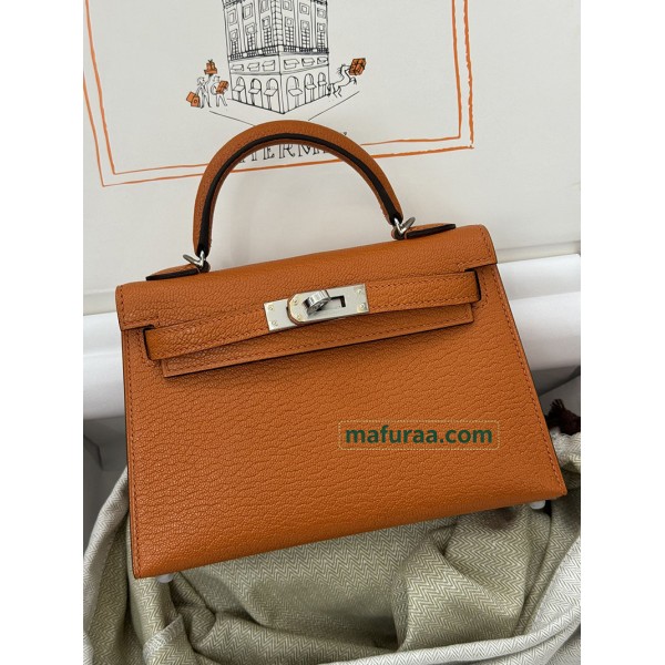 mini Kelly 93/爱马仕橙/橙色/Orange オレンジフランス輸入素材 シェブルミゾル Chevre シルバー金具