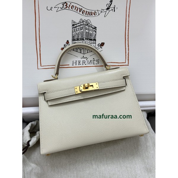 mini Kelly 10/奶昔白/Craie  クレ フランス輸入素材 ヴォーエプソン Epsom ゴールド金具