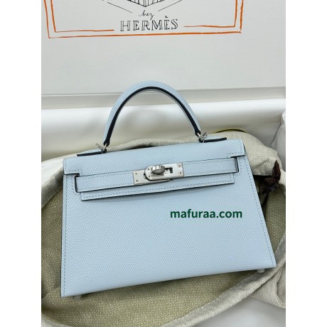 mini Kelly 7R/雾霾蓝/Azur アズール フランス輸入素材 ヴォーエプソン Epsom シルバー金具