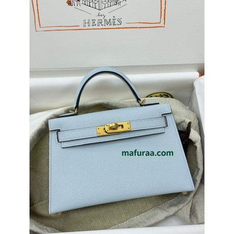 mini Kelly 7R/雾霾蓝/Azur アズール フランス輸入素材 ヴォーエプソン Epsom ゴールド金具