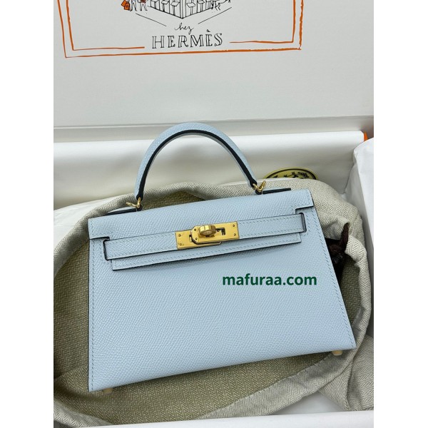 mini Kelly 7R/雾霾蓝/Azur アズール フランス輸入素材 ヴォーエプソン Epsom ゴールド金具