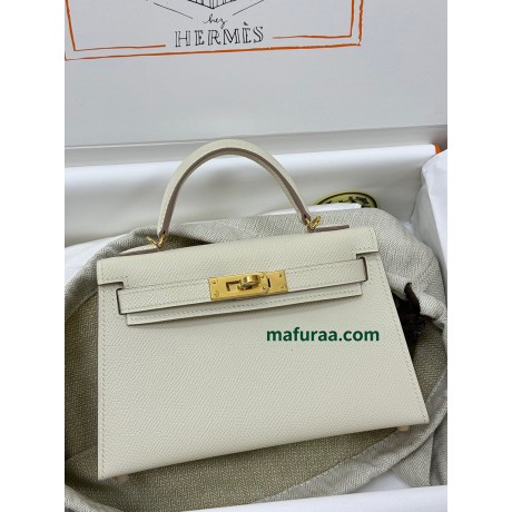 mini Kelly 10/奶昔白/Craie  クレフランス輸入素材 ヴォーエプソン Epsom ゴールド金具