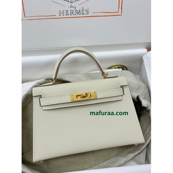 mini Kelly 10/奶昔白/Craie  クレフランス輸入素材 ヴォーエプソン Epsom ゴールド金具