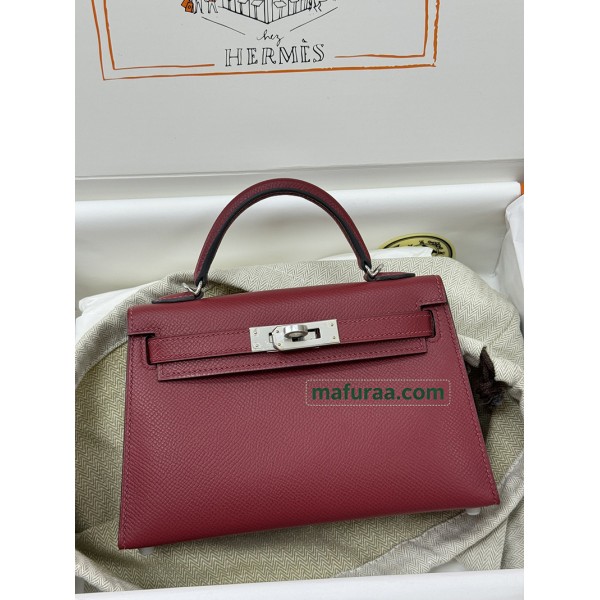 mini Kelly K1/石榴红/Rouge Grenat  ルージュグレナ フランス輸入素材 ヴォーエプソン Epsom シルバー金具