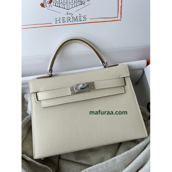 mini Kelly  10/奶昔白/Craie クレ フランス輸入素材 ヴォーエプソン Epsom シルバー金具
