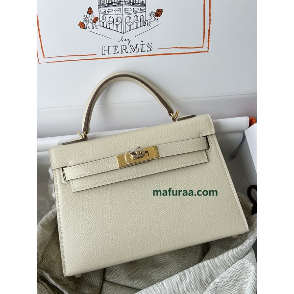 mini Kelly 10/奶昔白/Craie  クレ フランス輸入素材 ヴォーエプソン Epsom ゴールド金具