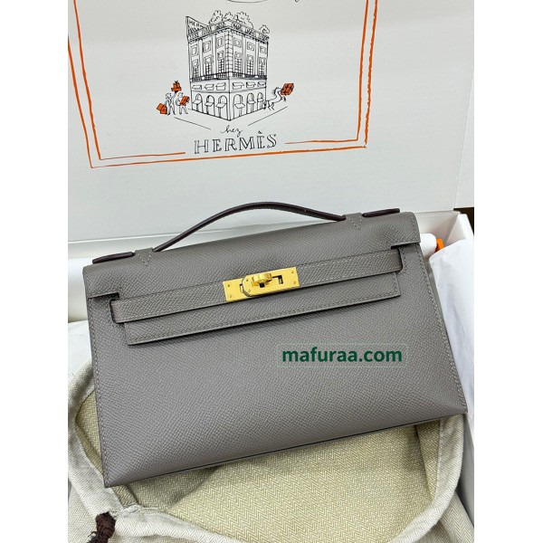 Kelly Pochette ポシェットケリー8F/锡器灰/Etain エタン フランス輸入素材 ヴォーエプソン Epsom ゴールド金具