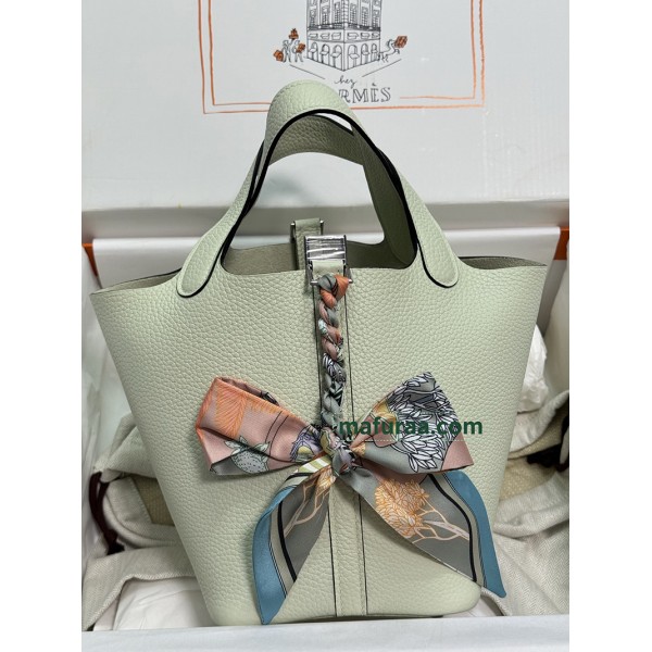 ピコタン 18cm Picotin 18CM 0S气泡绿 vertdeau ヴェールフィズ  Hermes Vert fizz フランス輸入素材トリヨンクレマンス CLEMENCE  TC シルバー金具